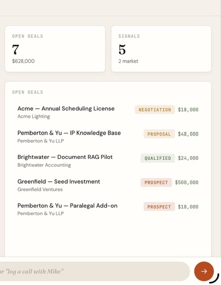 Tend8 showing open deals by stage, with the bar where you tell it what to do
