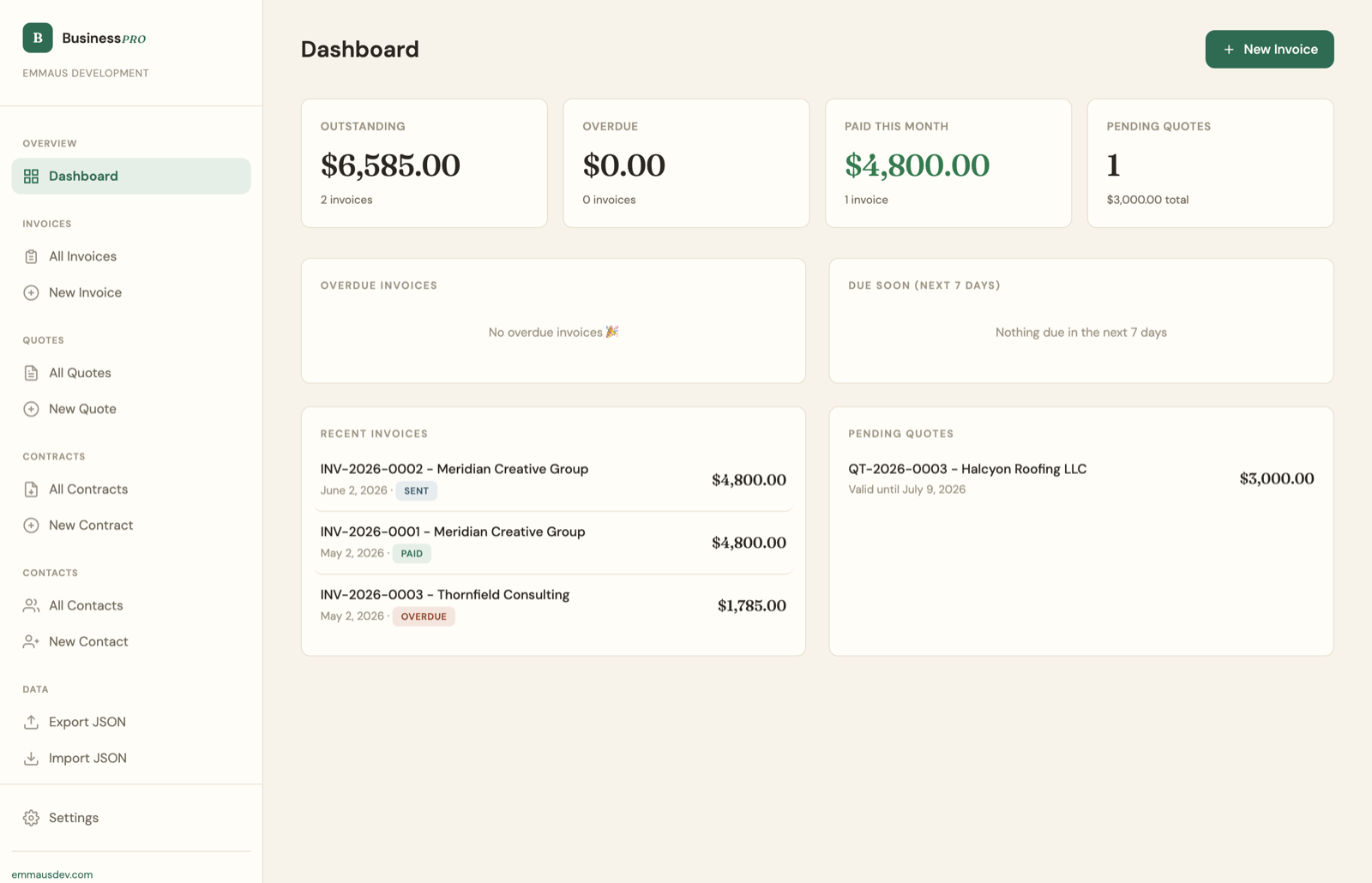 BusinessPro's dashboard with demo data: outstanding, overdue and paid totals, recent invoices and pending quotes.
