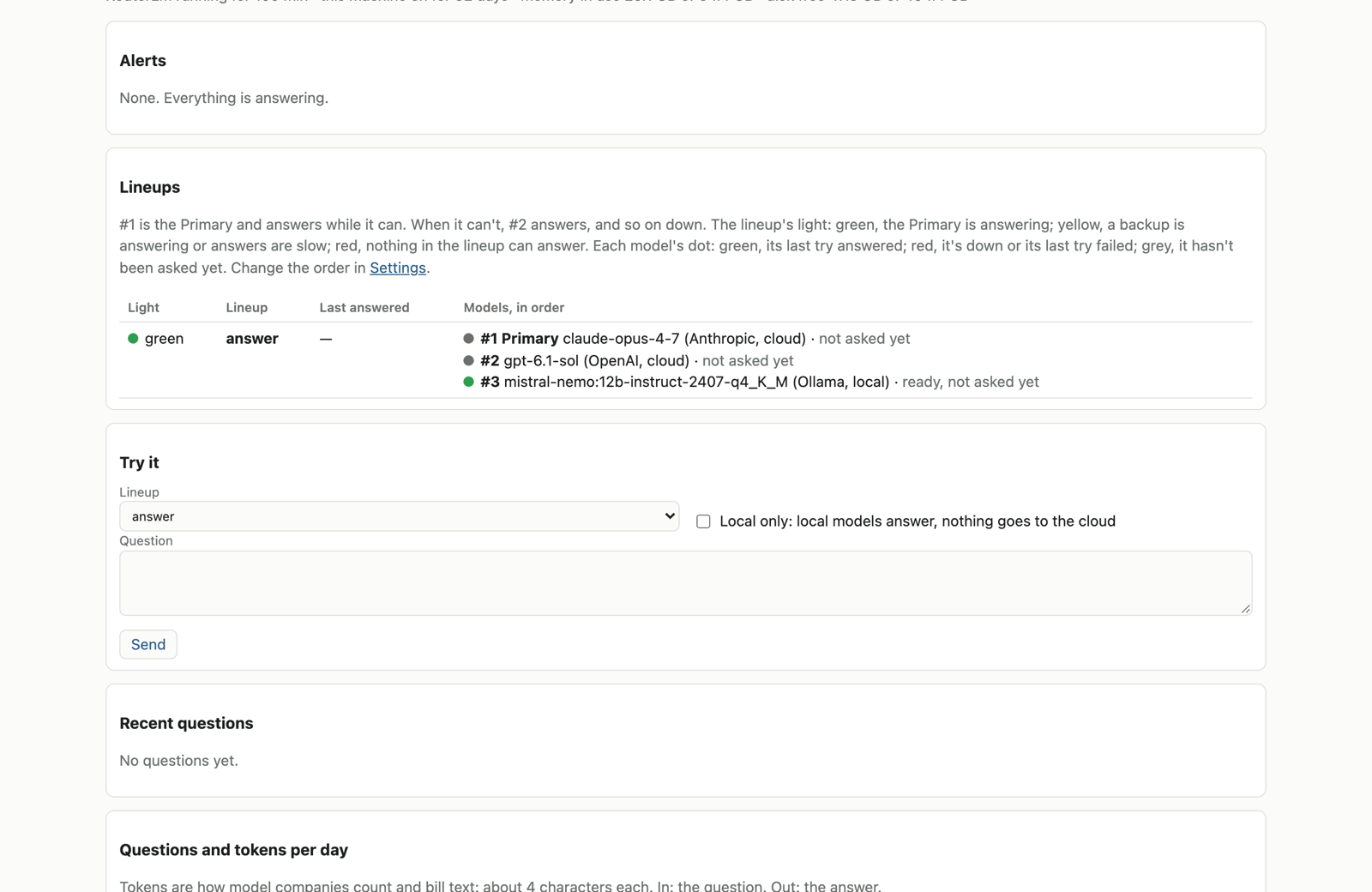 RouterLM's own page: no alerts, one lineup with a green light, three models in order (two cloud, one local) with a dot for each, and a box to try a question.